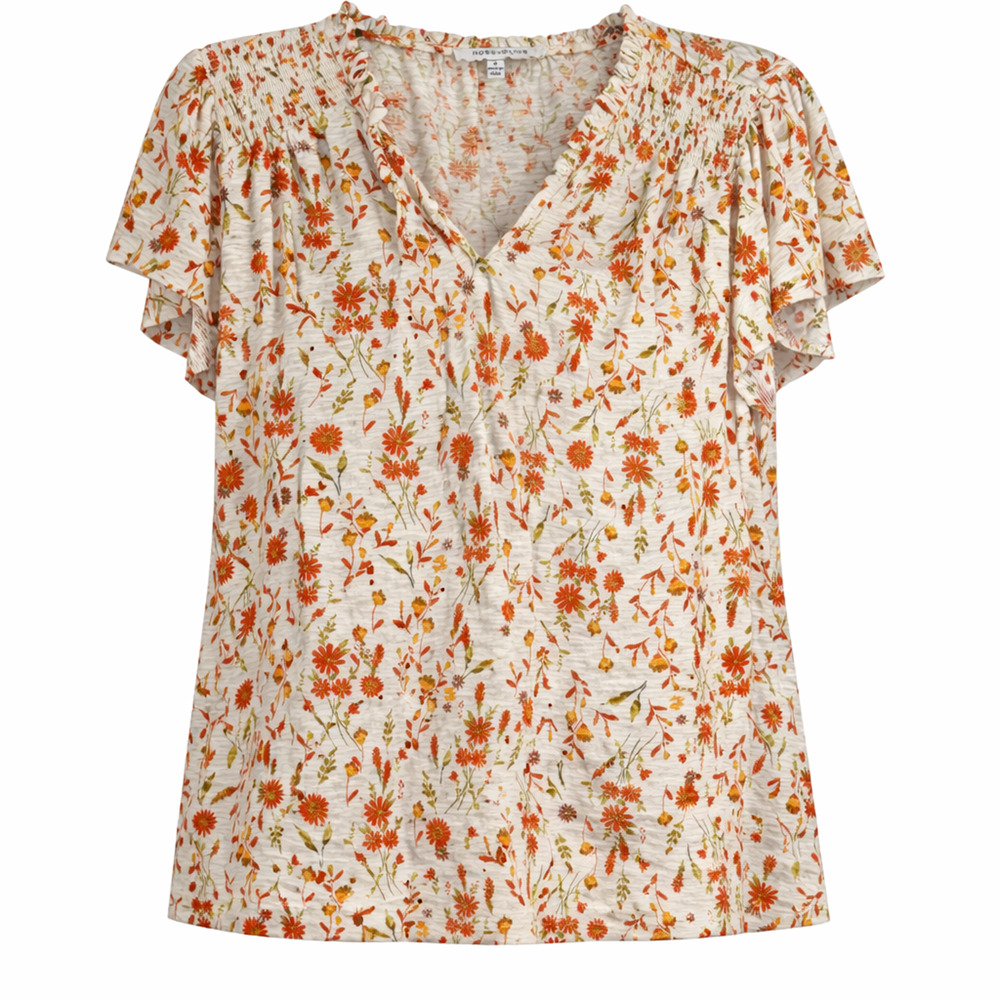 Rose + Olive Ivory Orange Floral Smocked Shoulder Top 1X